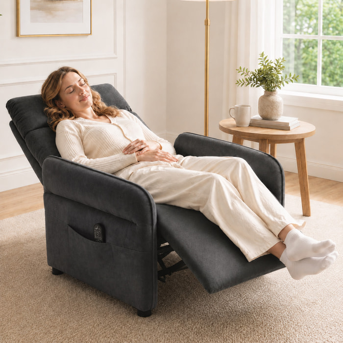 HOMCOM Sillón de Masaje, Sillón Relax Reclinable 135° Manual, Calor Lumbar, Mando a Distancia, Reposapiés, 8 Zonas de Masaje, Reposabrazos Ajustables, Asiento Muelles, Bolsillos, Tapizado Rizo, Gris
