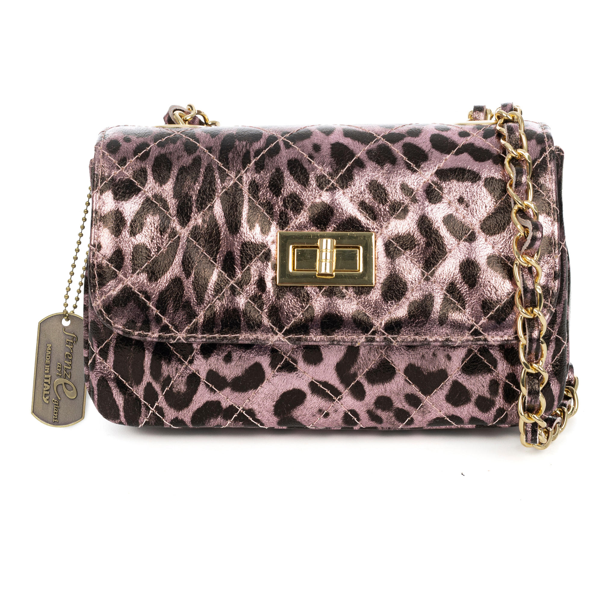 Amaro bolso bandolera mujer. Piel auténtica Gamuza acolchada, animal print leopardo, lacado brillante.
