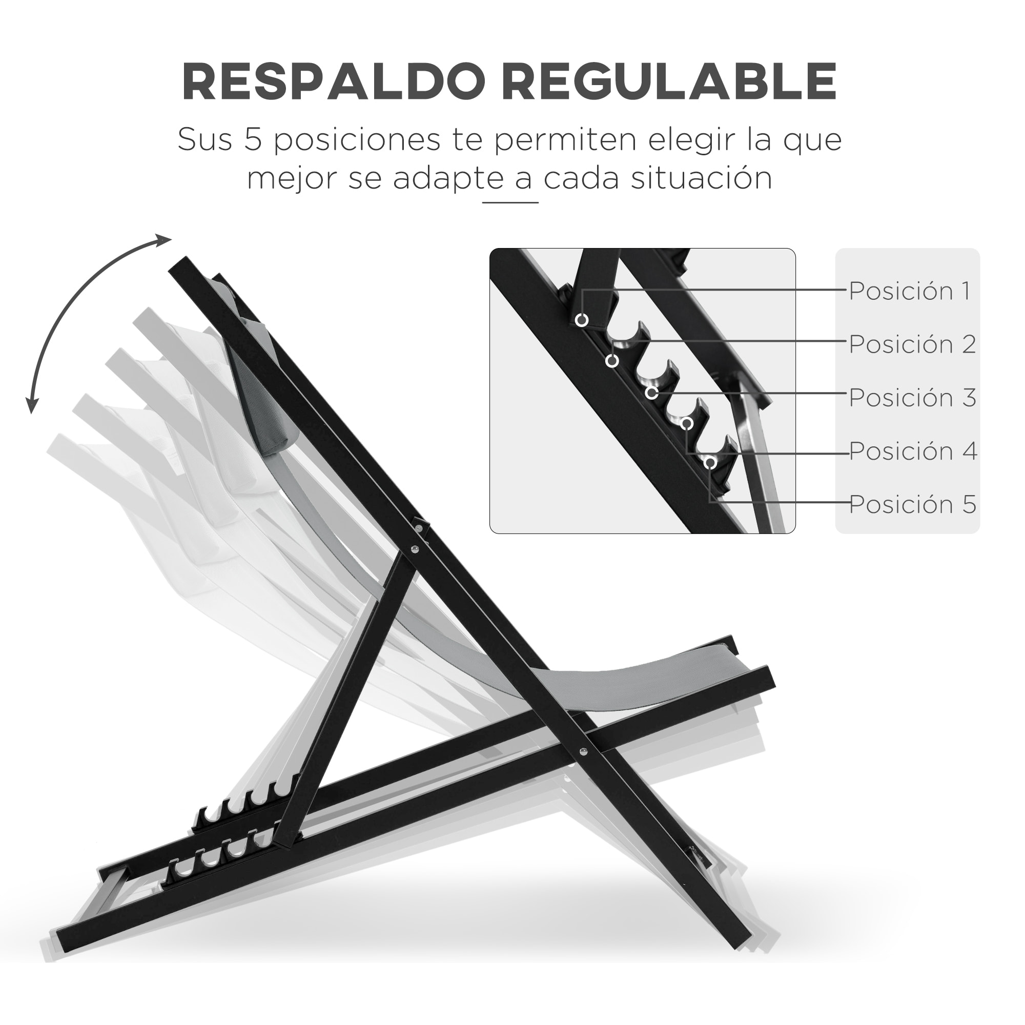 Conjunto de 2 Tumbonas Plegables de Aluminio Tumbonas de Jardín con Respaldo Regulable en 5 Posiciones y Reposacabezas para Terraza Patio Exterior 58x96,5x91,5 cm Gris