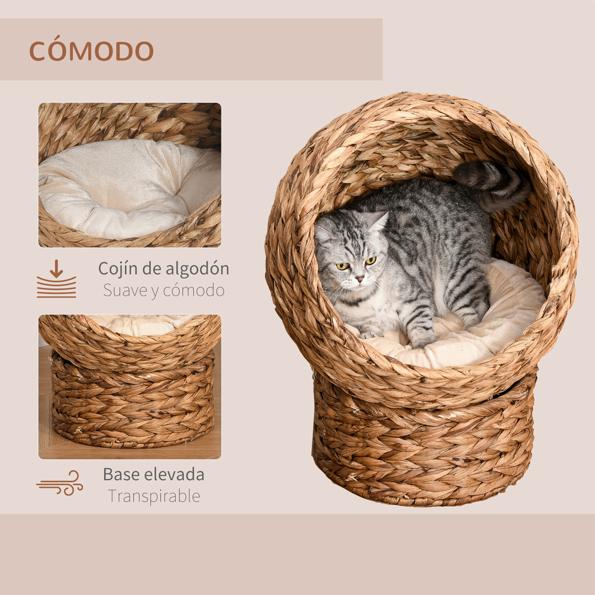 Cama para Gato de Algodón y Metal 42x33x52cm Marrón y Beige