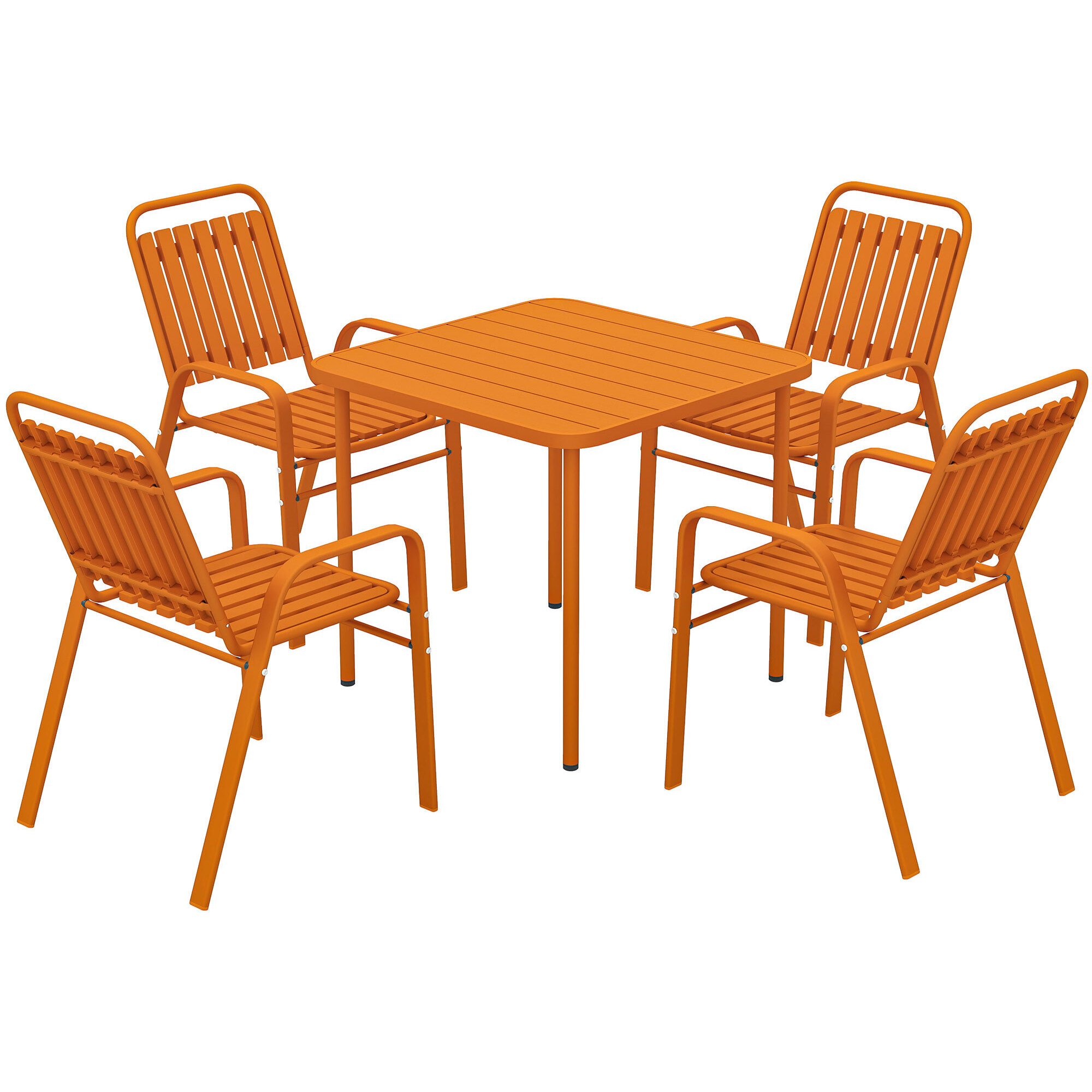Salon de jardin extérieur 4 places 5 pièces - chaises empilables - plateau effet bois acier orange