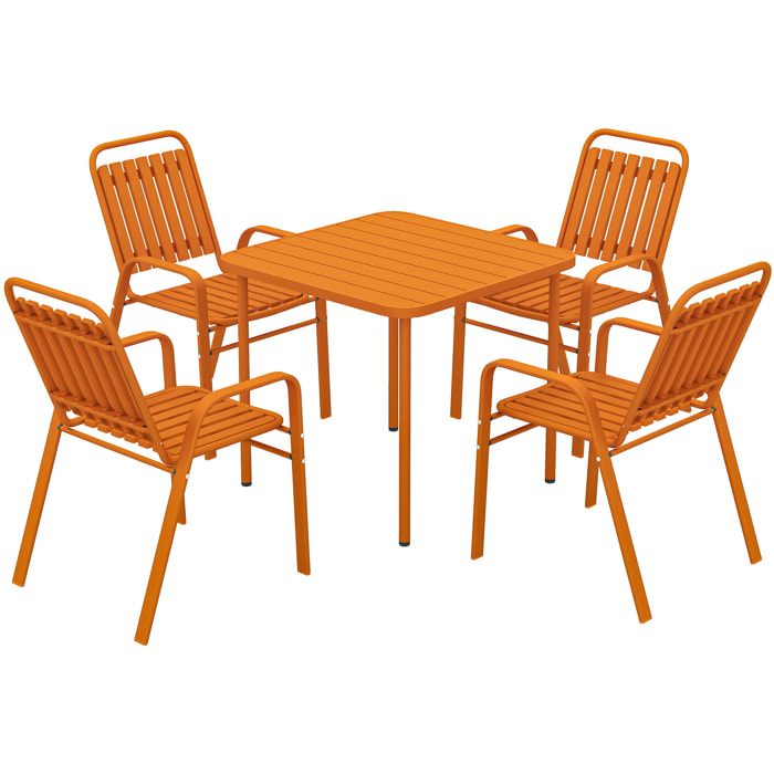 Salon de jardin extérieur 4 places 5 pièces - chaises empilables - plateau effet bois acier orange
