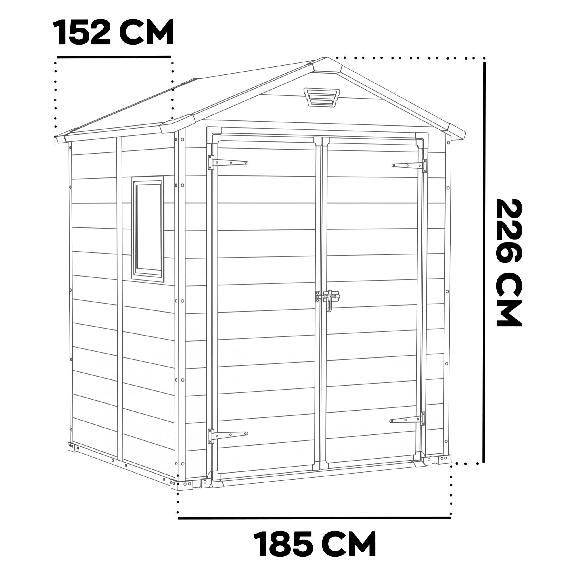 Manor 6x5 - Casetta da Giardino 185x226x152 cm 2 Ante per deposito attrezzi finitura effetto legno graffiato in Resina Grigio