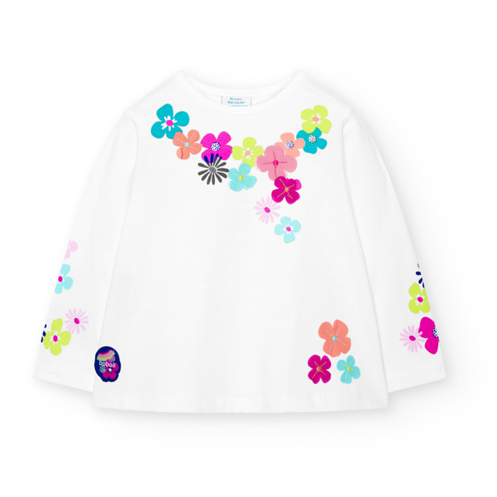 Camiseta larga para niÃ±a estampada, color blanco