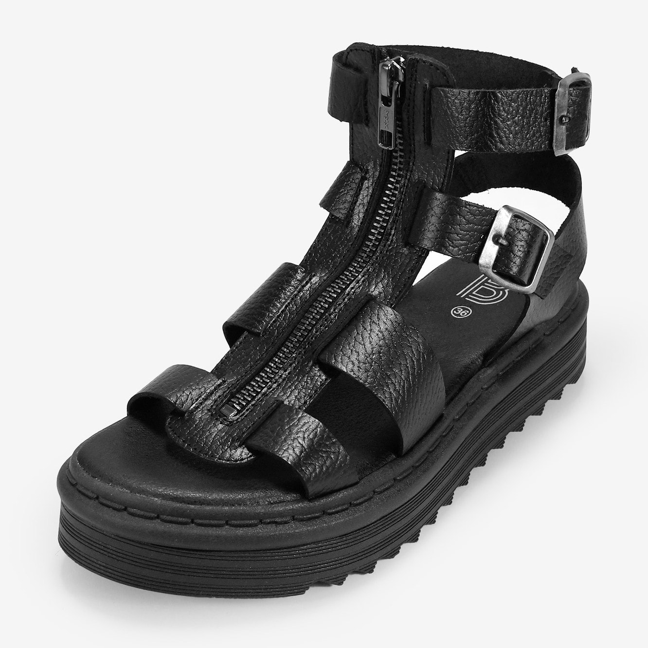 Sandalias cangrejeras negras en piel con cremallera