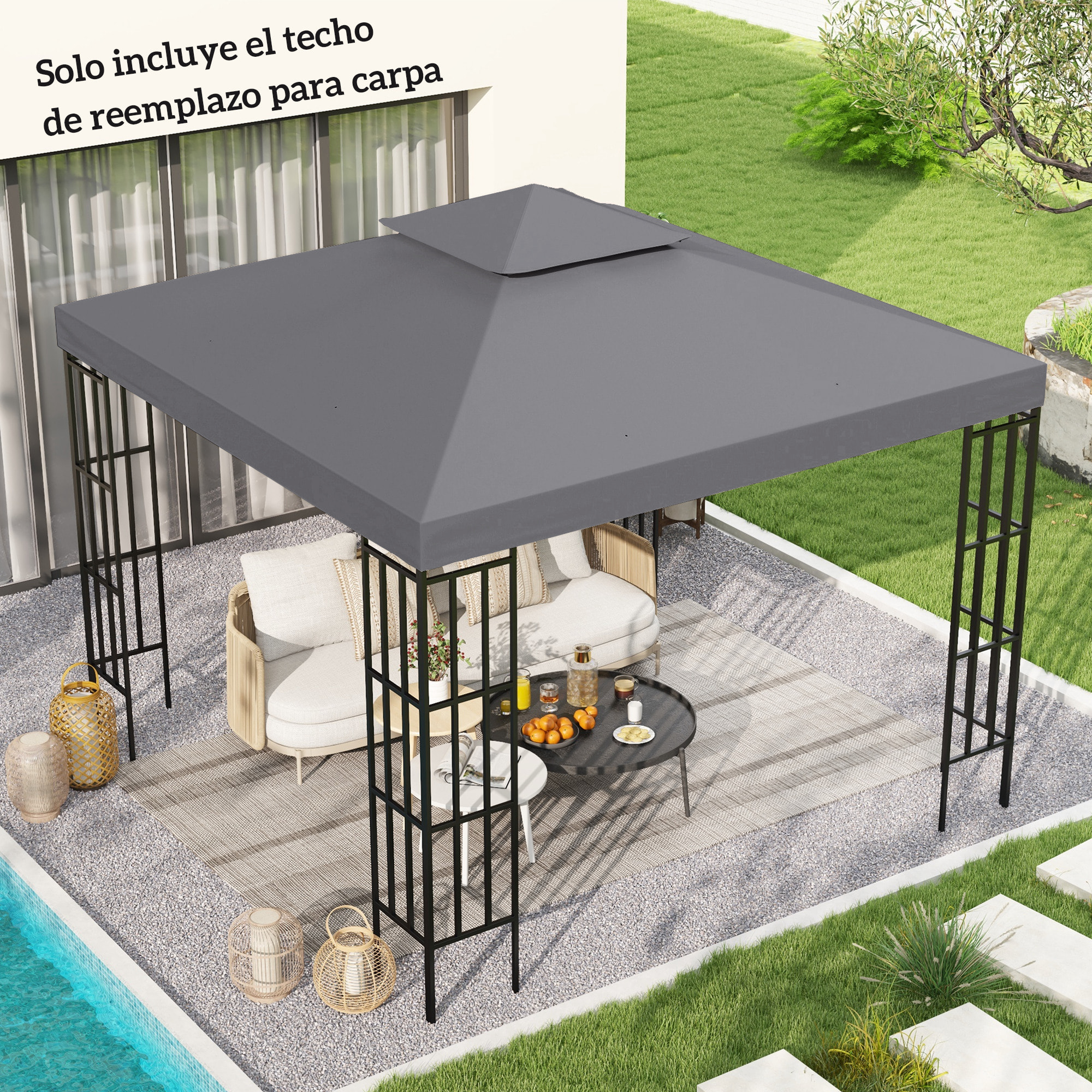 Techo de Repuesto para Cenador, 3x3 m, Cubierta de Repuesto con Techo Doble, 8 Orificios de Drenaje y Protección UV, SOLO Toldo de Recambio para Pabellón Gazebo, Gris Oscuro