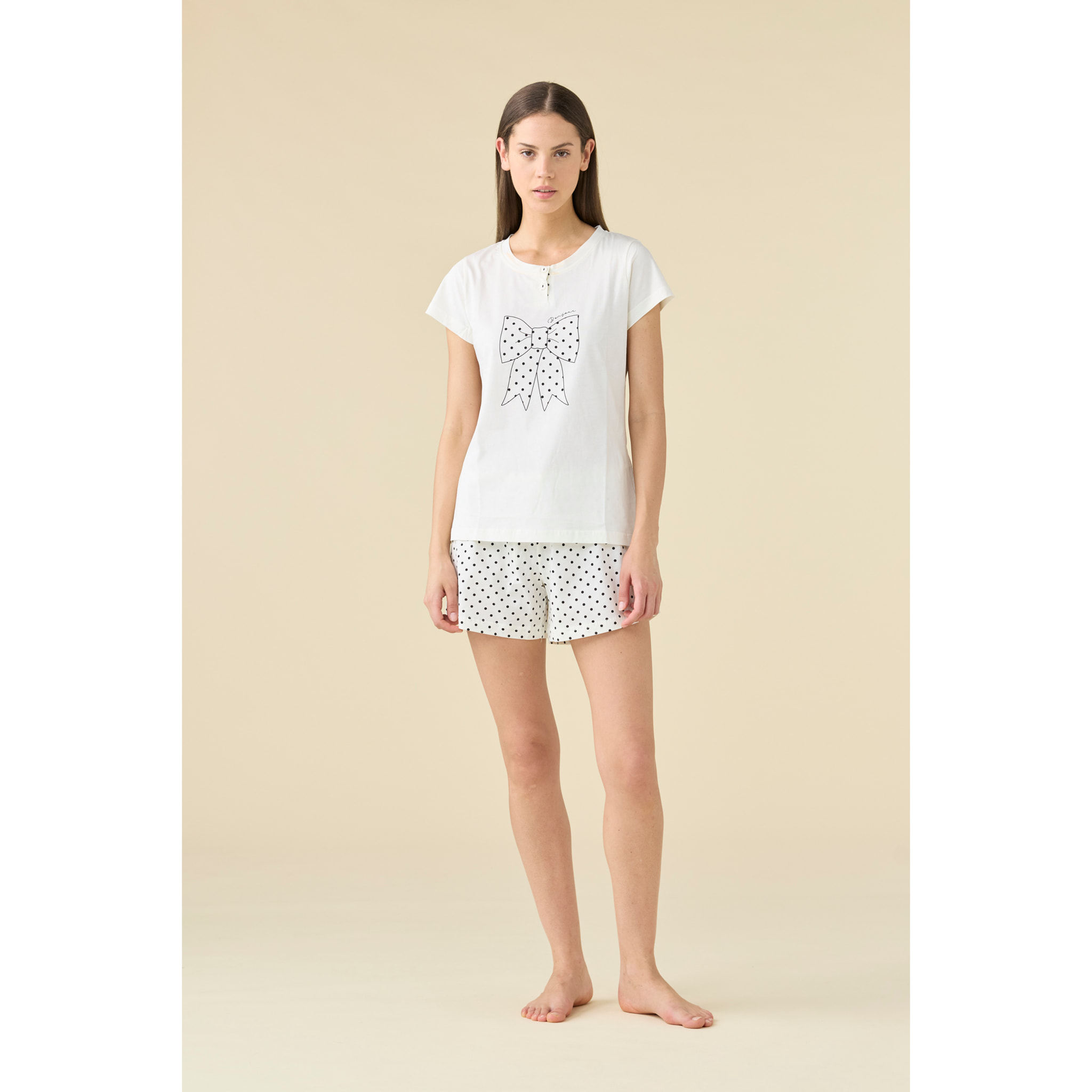Pigiama donna in cotone top manica corta con collo due bottoni e pantalone corto articolo pois Noidinotte