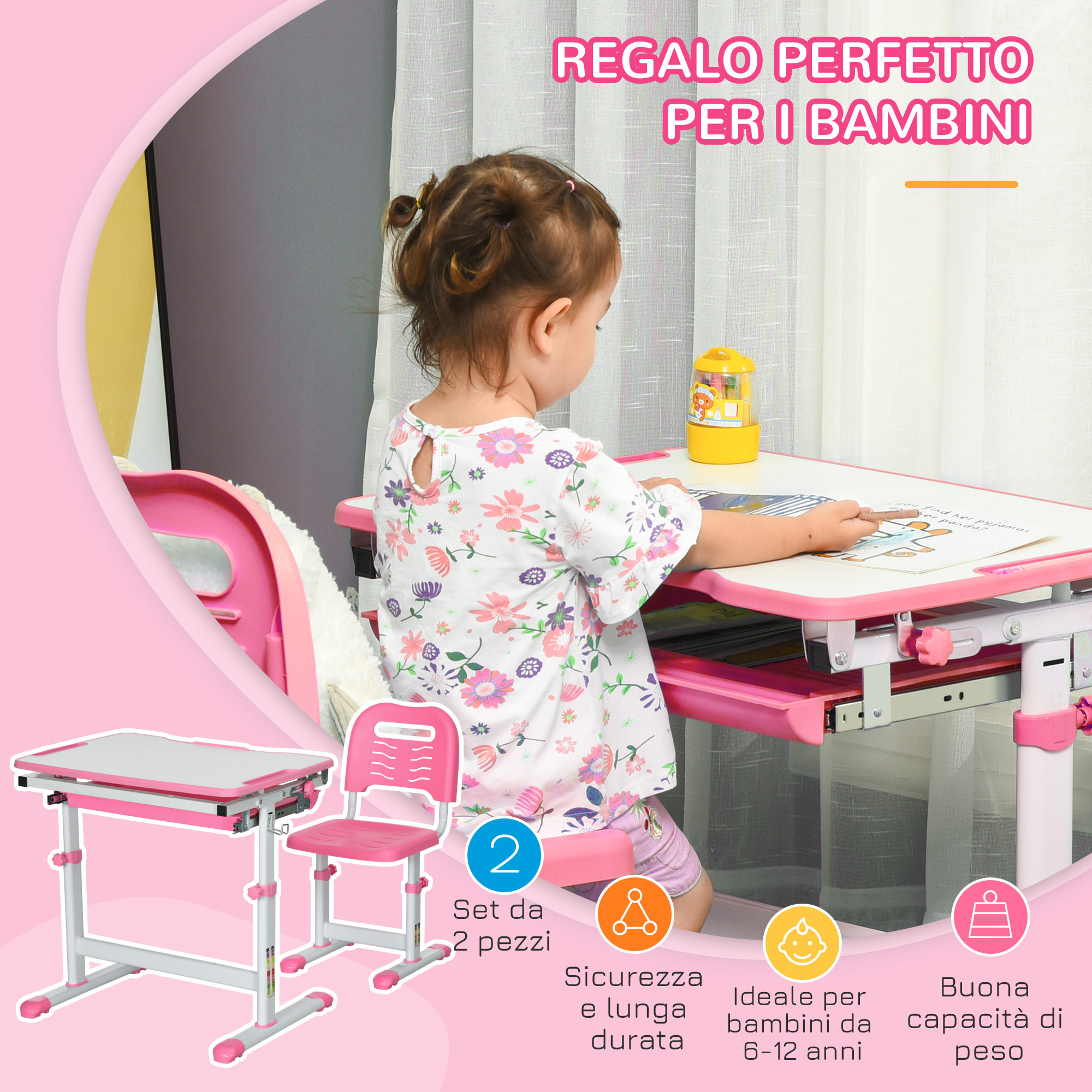 HOMCOM Banco Scuola per Bambini 6-12 Anni con Sedia e Altezza Regolabile, Piano Inclinabile, 66x47x52-77 cm, Rosa