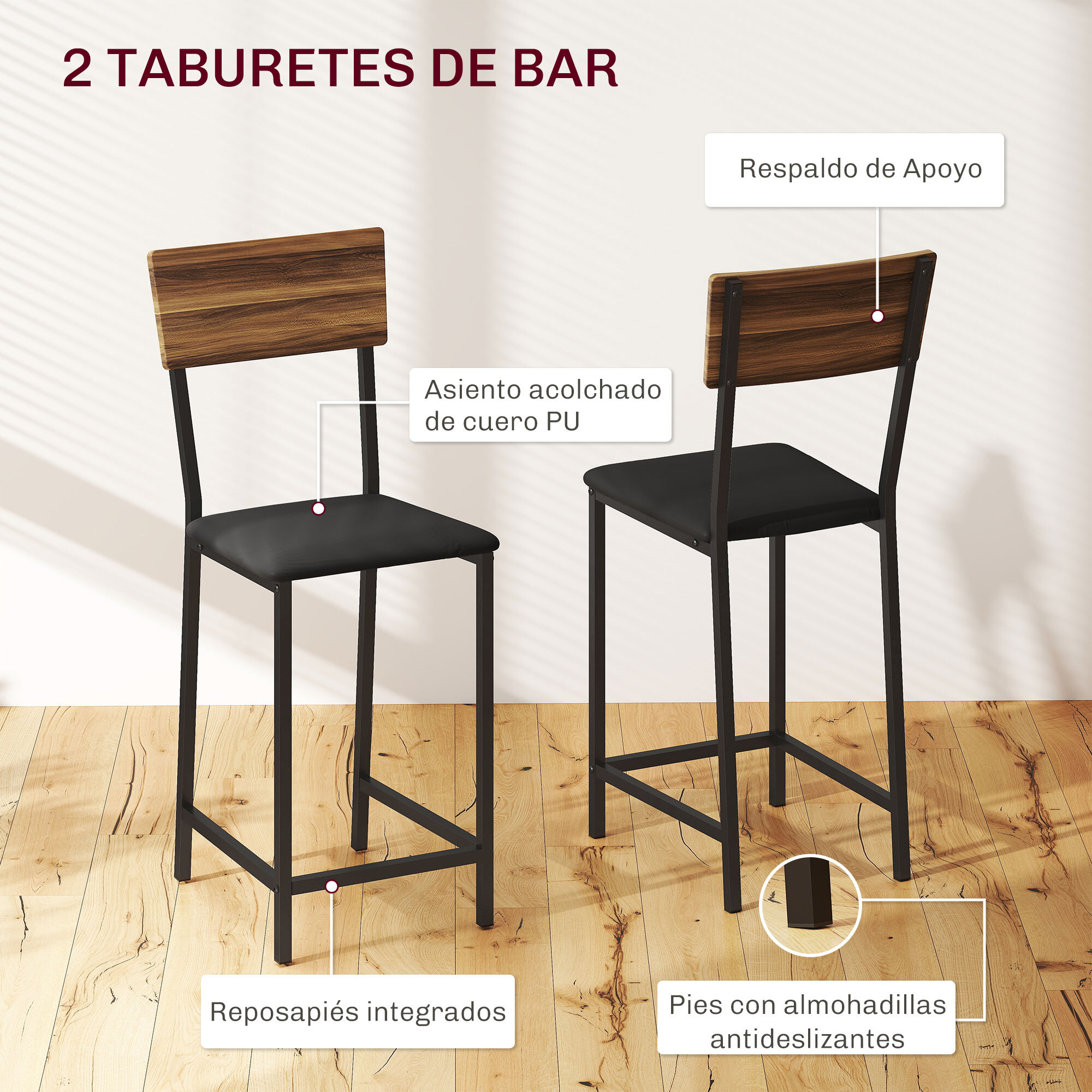 Juego de Mesa y Taburetes de Bar Mesa Alta de Cocina con 2 Taburetes Laterales Abatibles Soporte para Vinos y Estantes Estilo Industrial Marrón y Negro