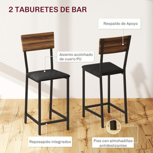Juego de Mesa y Taburetes de Bar Mesa Alta de Cocina con 2 Taburetes Laterales Abatibles Soporte para Vinos y Estantes Estilo Industrial Marrón y Negro