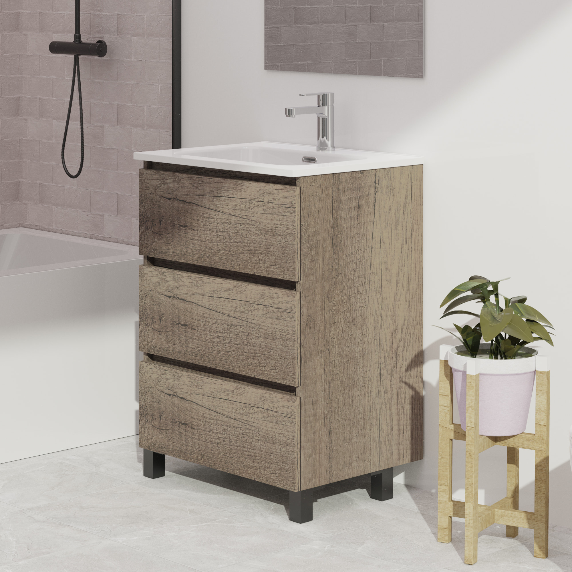 Conjunto de baño Wink | 70 cm Nebraska | Tres cajones | Lavabo encastrado | No incluye espejo | Mueble montado | Alday