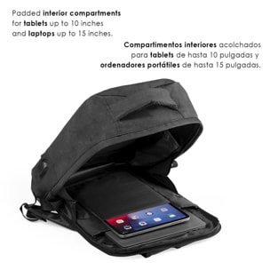 Mochila antirrobo Komplete de poliester 300D, con toma USB exterior. Bolsillo en lateral con protección RFID.