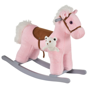 Caballito Balancín con Felpa con Osito de Peluche para Niños 18-36 Meses Caballo Mecedora Sonidos de Relincho y Galope Base de Madera Asiento 35 cm Carga 30 kg 65x26x55 cm Rosa