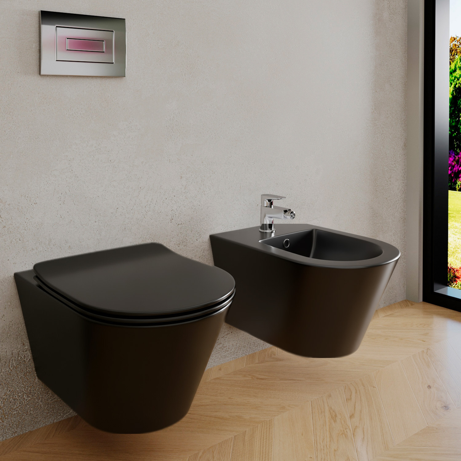 Coppia Sanitari Sospesi Vaso WC Rimless Con Tornado Flush E Bidet Sospeso Moderno Tondo In Ceramica Con Copriwater Chiusura Soft Close Nero Opaco