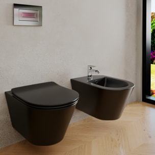 Coppia Sanitari Sospesi Vaso WC Rimless Con Tornado Flush E Bidet Sospeso Moderno Tondo In Ceramica Con Copriwater Chiusura Soft Close Nero Opaco