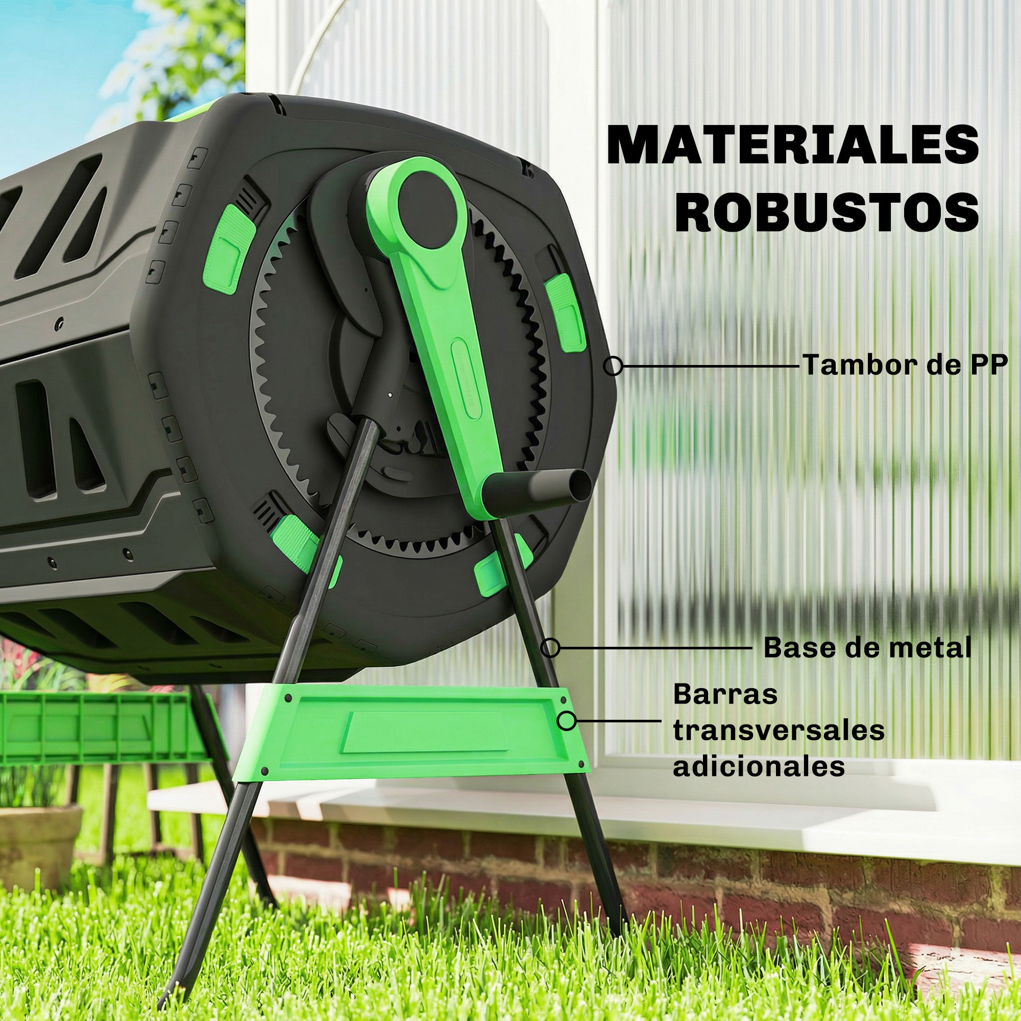 Compostador Giratorio de 200L, Contenedor de Compostaje de Jardín de Doble Cámara, Sin BPA, Compostadora con Aberturas de Ventilación, 2 Puertas Deslizantes y Patas de Metal, Verde