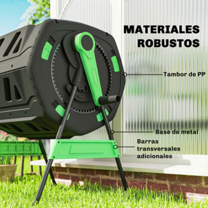 Compostador Giratorio de 200L, Contenedor de Compostaje de Jardín de Doble Cámara, Sin BPA, Compostadora con Aberturas de Ventilación, 2 Puertas Deslizantes y Patas de Metal, Verde