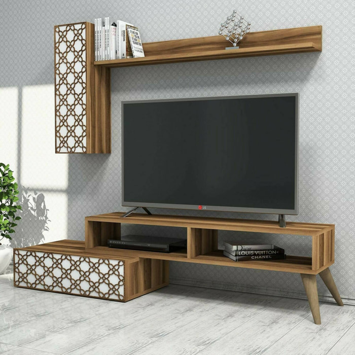 Parete attrezzata Dpinard, Composizione soggiorno, Mobile salotto multiuso, Armadio porta TV, 150x37h38 cm, Noce e Bianco