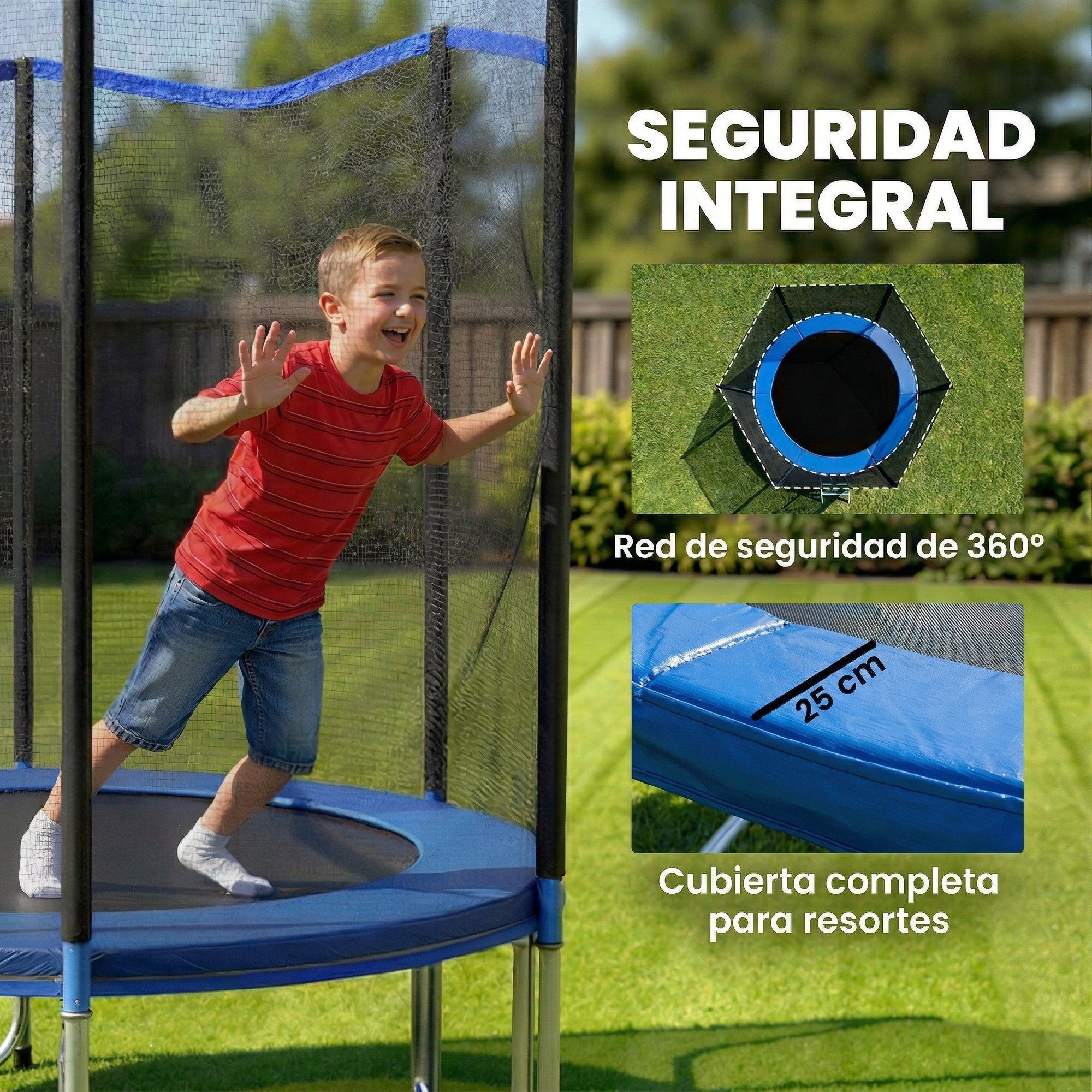 Cama Elástica para Niños Exterior Ø244 cm, Trampolín para Niños de +6 Años con Red de Seguridad, Escalera, Acolchado de Muelles y Marco de Acero Galvanizado, Carga 100 kg