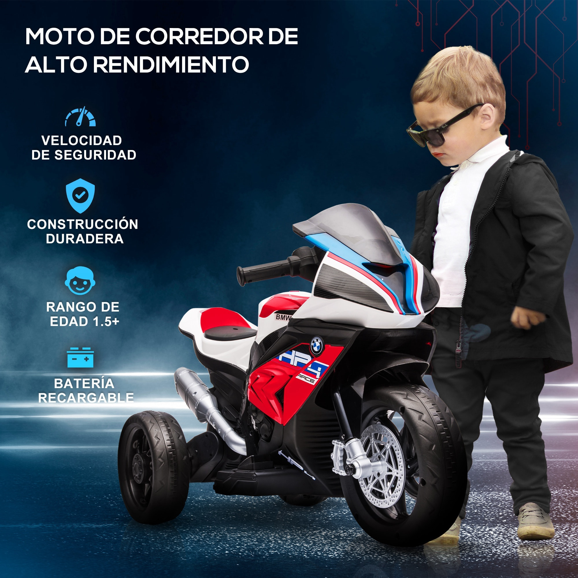 Moto Eléctrica BMW HP4 para Niños de +18 Meses Motocicleta de Batería 6V con Música USB Velocidad 2,5 km/h Avance y Retroceso Carga 30 kg 82,5x42x54 cm Rojo