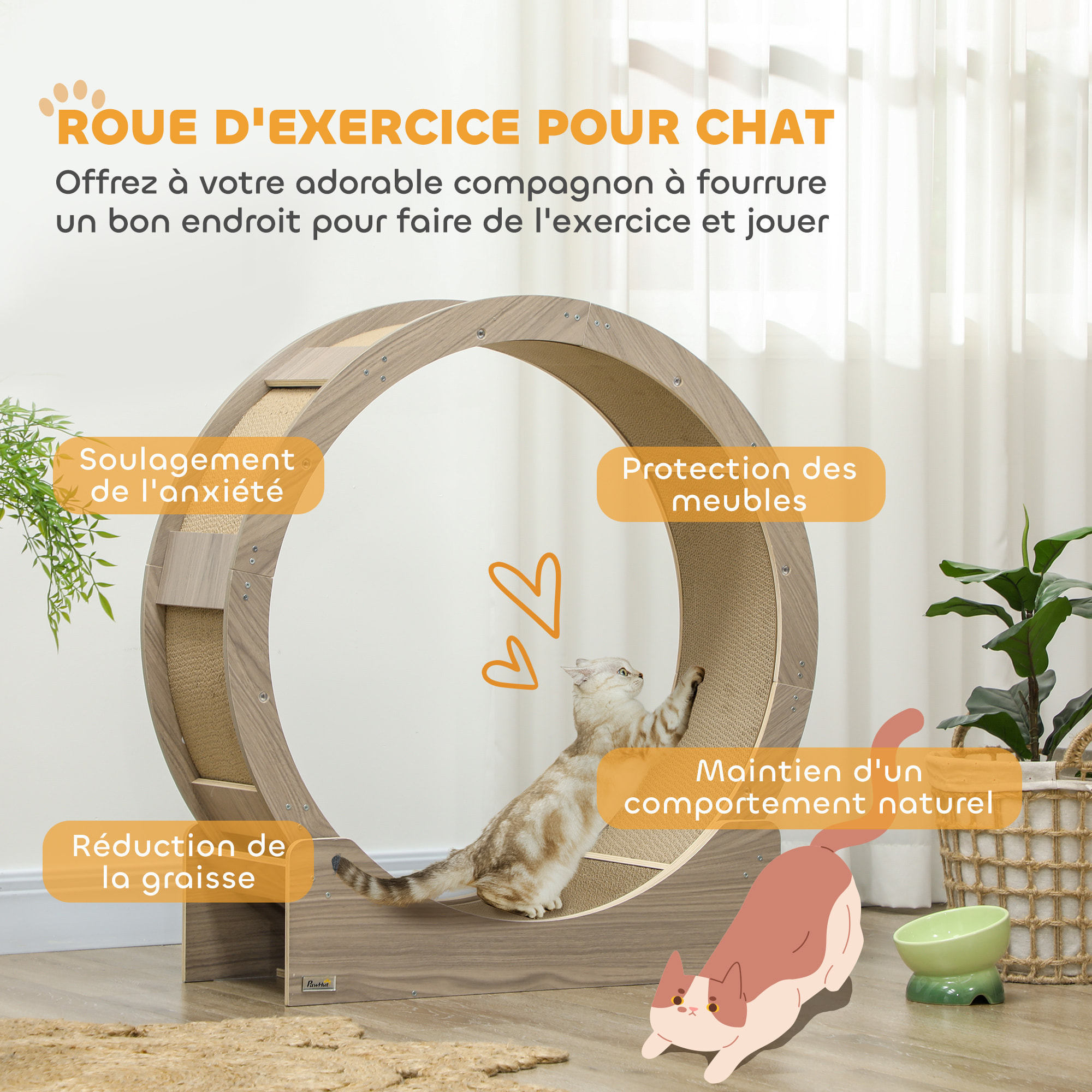 Roue d'exercice pour chat - frein, grattoirs - dim. 91L x 33,5P x 94H cm - aspect bois brun