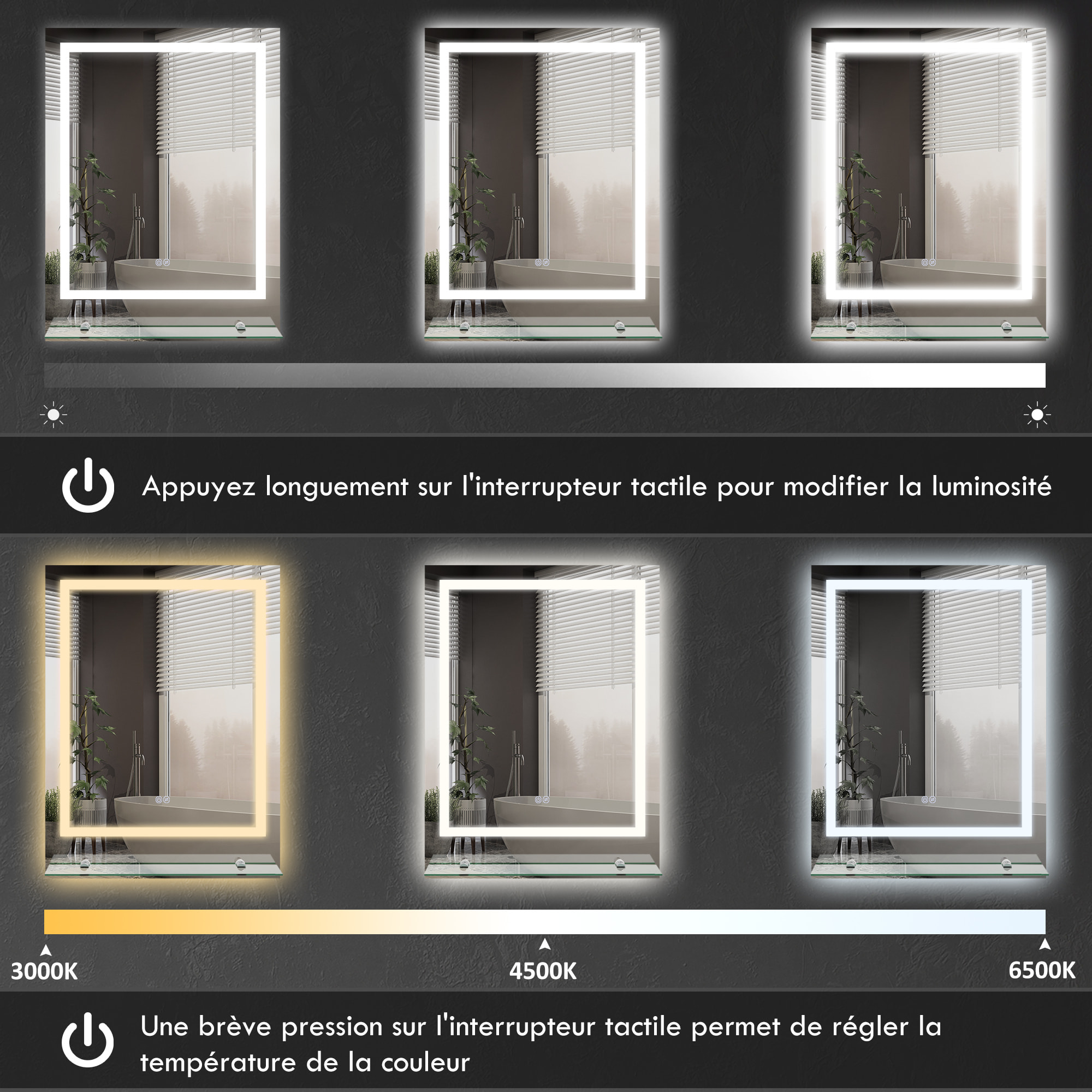 Miroir lumineux LED 29W antibué réglable interrupteur tactile étagère intégrée 50L x 14P x 70H cm