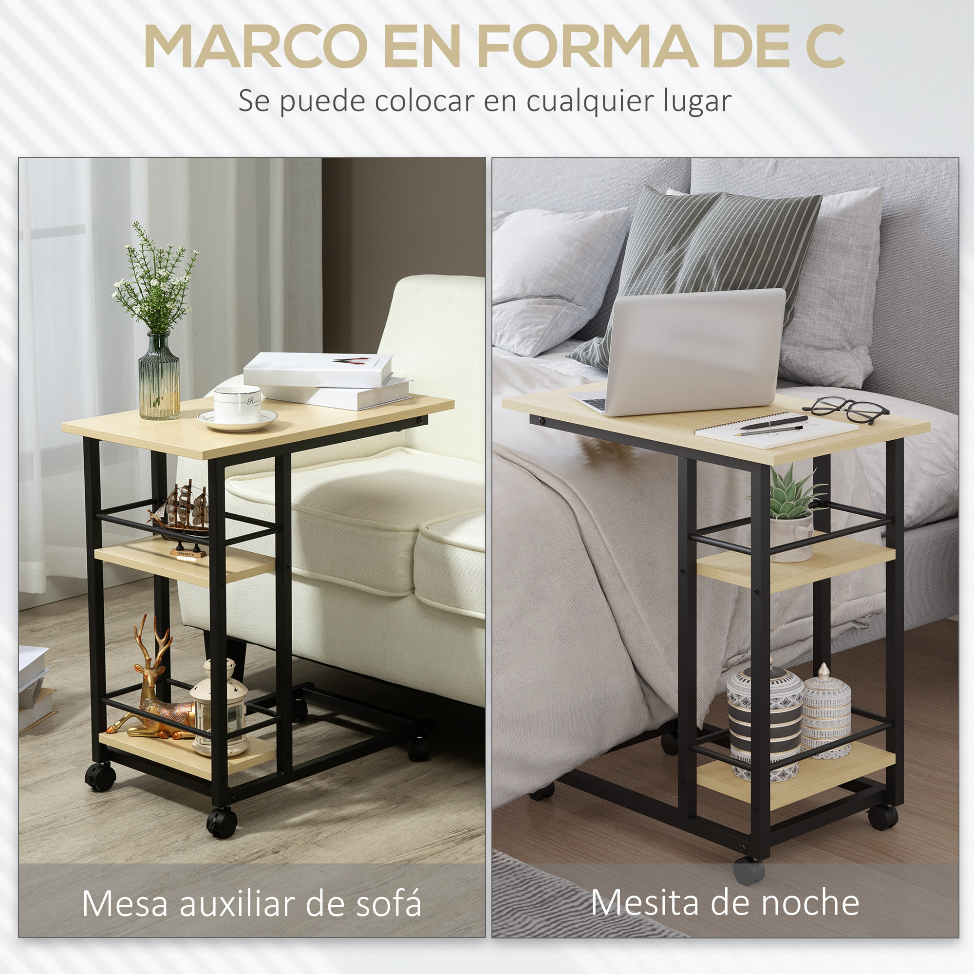 Mesa Auxiliar con Ruedas Forma de C con 2 Estantes para Sofá Cama 60x34,5x64,5cm