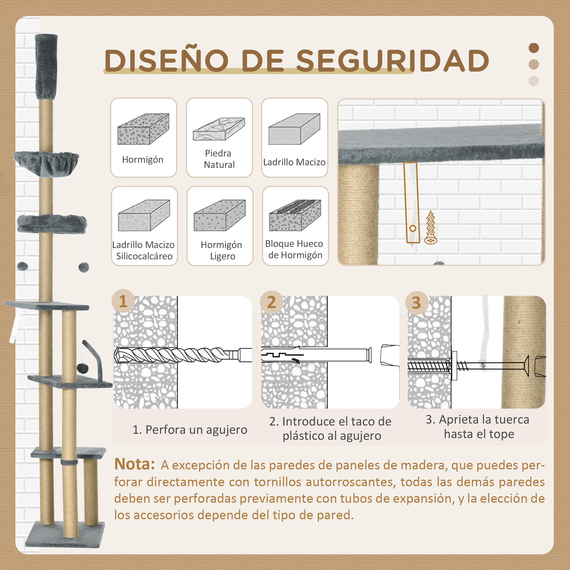 Árbol para Gatos de Suelo a Techo de 230-250 cm Árbol Rascador para Gatos con Altura Ajustable Múltiples Plataformas Cestos Hamaca Bolas Colgantes Gris