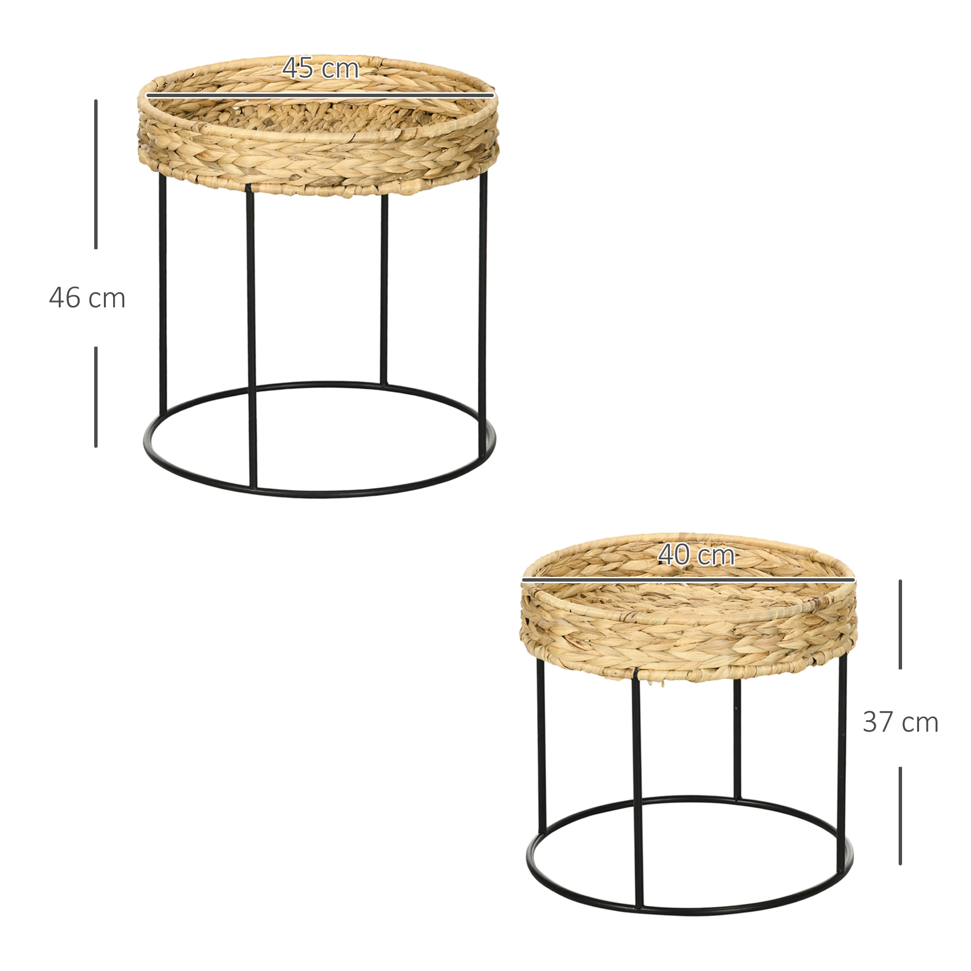 Lot de 2 tables gigognes tables basses rondes style bohème plateau en jacinthe d'eau tressée et piètement rond en acier noir