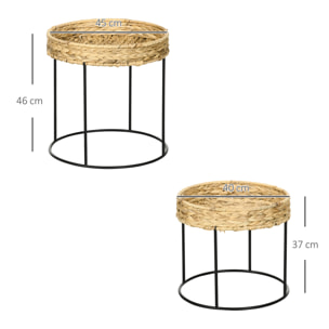 Lot de 2 tables gigognes tables basses rondes style bohème plateau en jacinthe d'eau tressée et piètement rond en acier noir