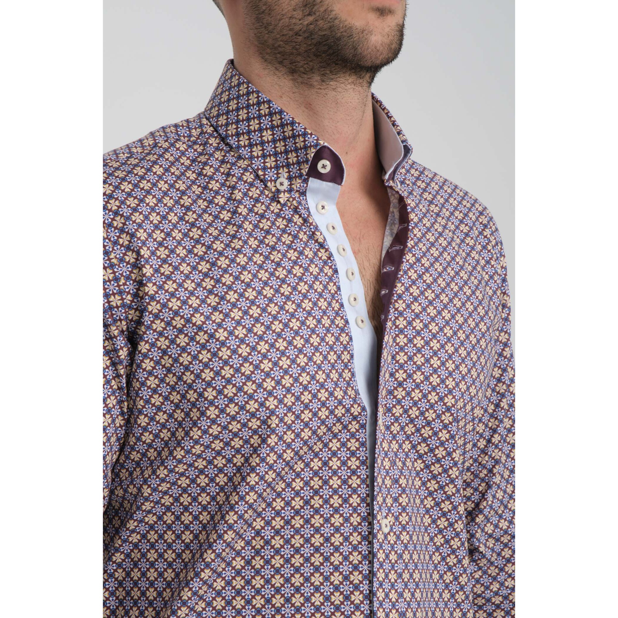 Camicia Uomo 1 Bottoni Button Down Slim Popeline Stretch Stampato Viola Melanzana/Bianco