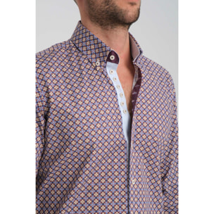 Camicia Uomo 1 Bottoni Button Down Slim Popeline Stretch Stampato Viola Melanzana/Bianco
