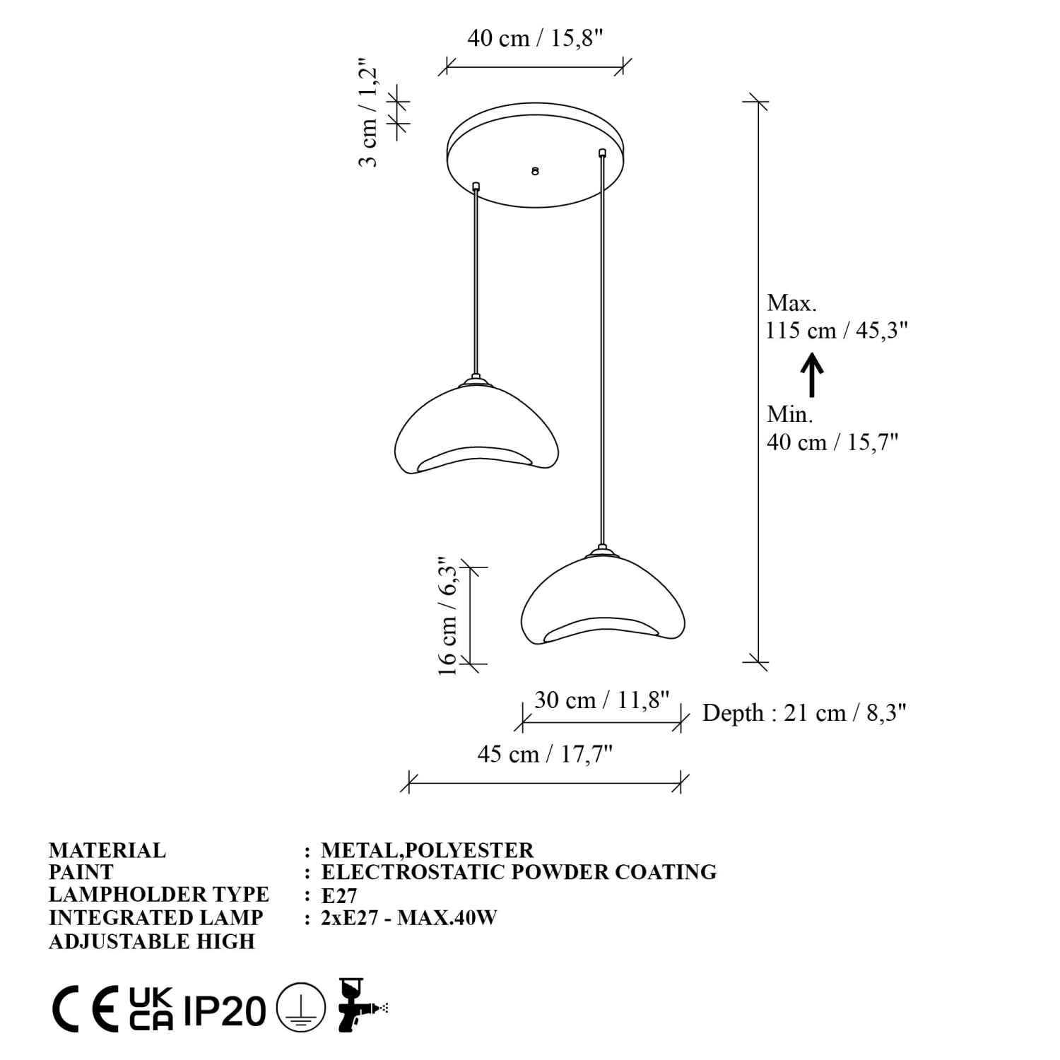 Luminaire design 2 suspensions en fibre de verre blanc SELVA