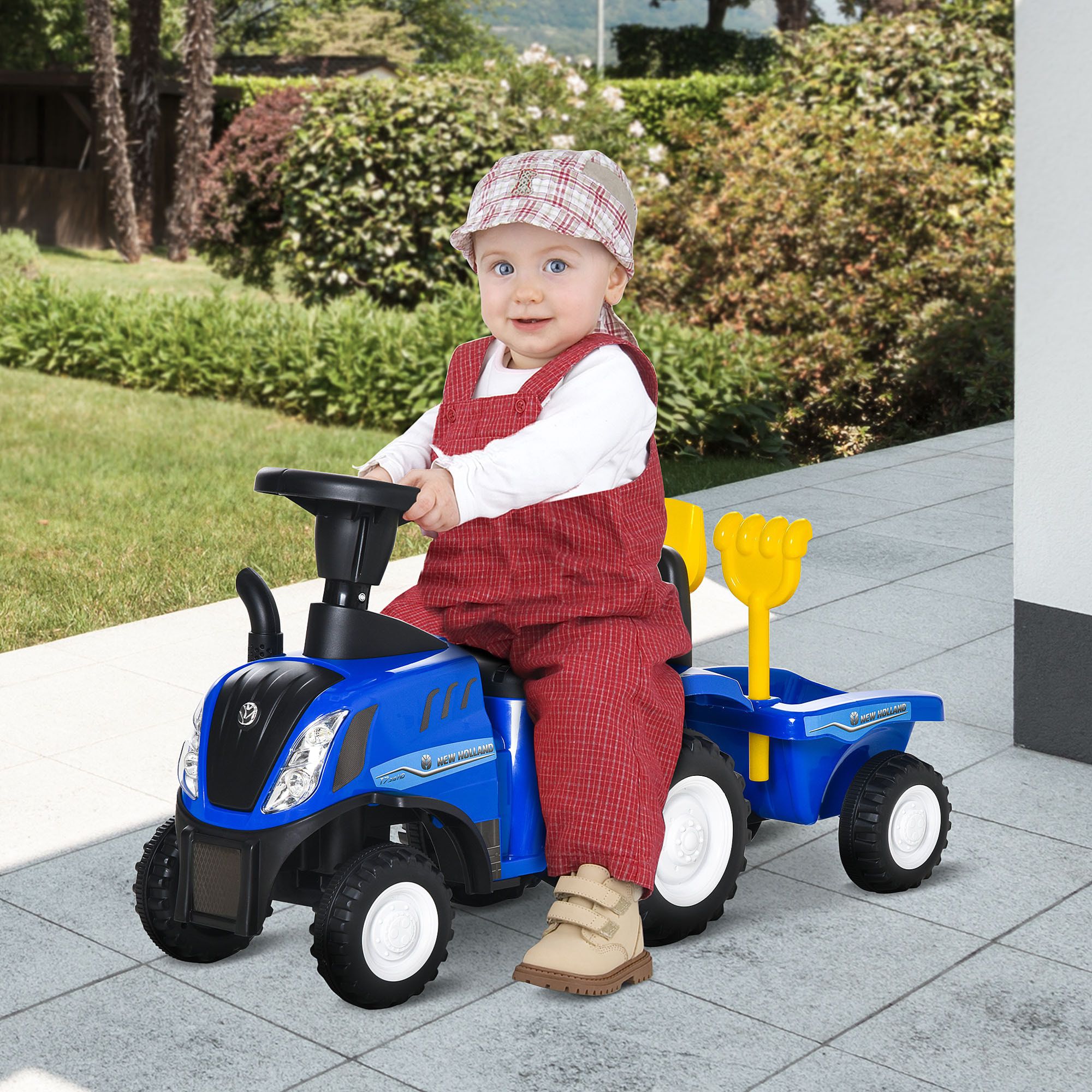 Tractor para Niños de 12-36 Meses con Remolque Extraíble Coche Correpasillos con Bocina Faros Pala Asiento de Suelo 25 cm y Rastrillo Carga 25 kg 91x29x44 cm Azul