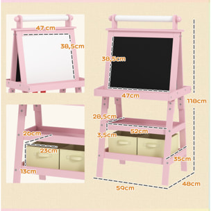 Tableau chevalet enfant 3 en 1 tableau double face enfant avec tableau blanc magnétique tableau à craie rangements bois rose