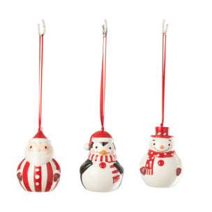J-Line suspension Pingouin + Bonhomme de neige + Père Noël Dolomite - céramique - rouge/blanc - lot de 3