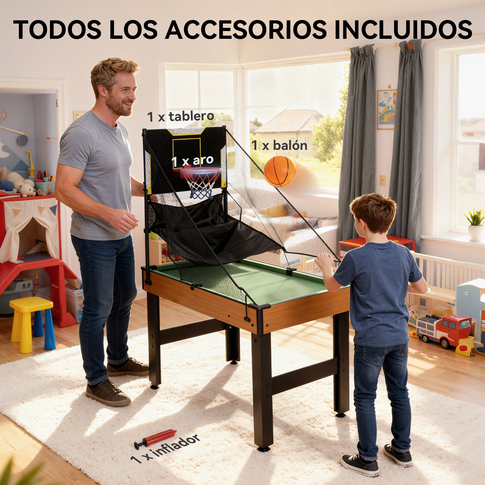 Mesa Multijuegos 5 en 1, Mesa de Juego con Futbolines para Niños, Billar, Ping-pong, Hockey y Baloncesto, Diversión Familiar para Adultos y Niños, 134x108x144 cm, Natural y Negro