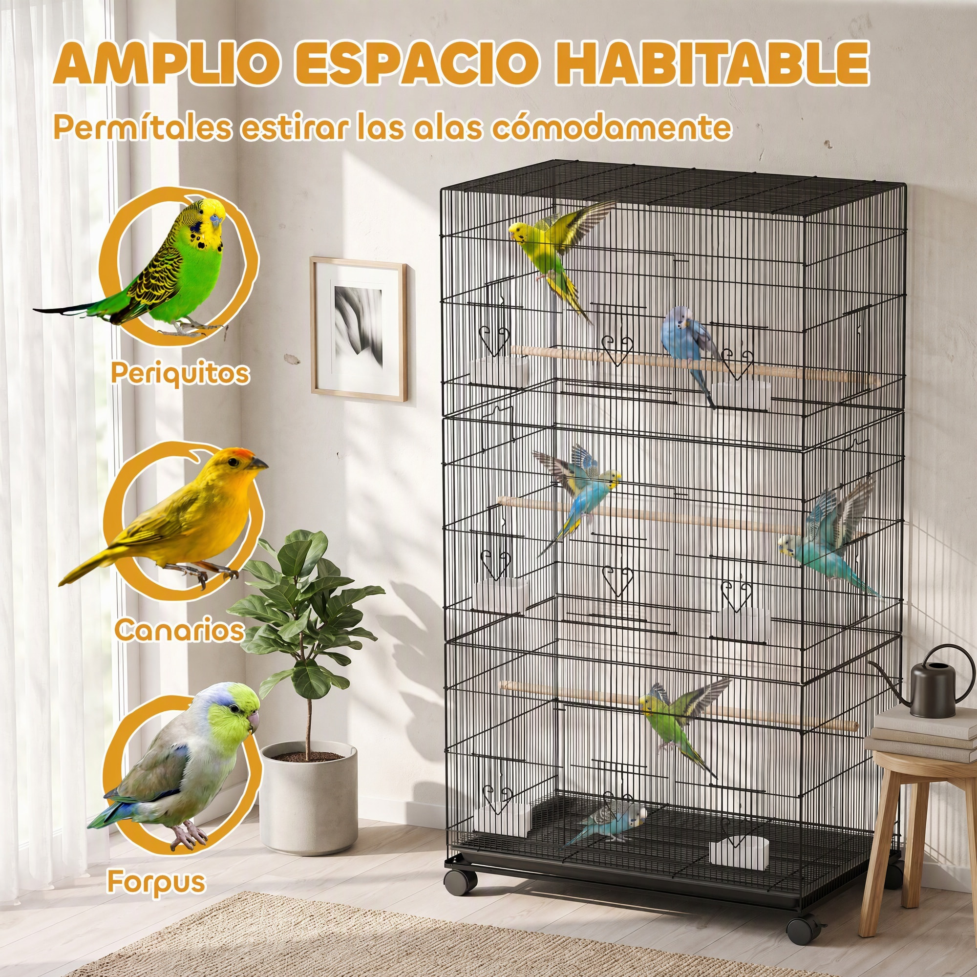 Jaula Grande para Pájaros con Ruedas, Jaula Metálica con 6 Comederos, Bandeja Extraíble, Múltiples Puertas, 3 Perchas de Madera, Pajarera para Periquitos, Agapornis, Ninfas 77x46,5x141 cm Negro