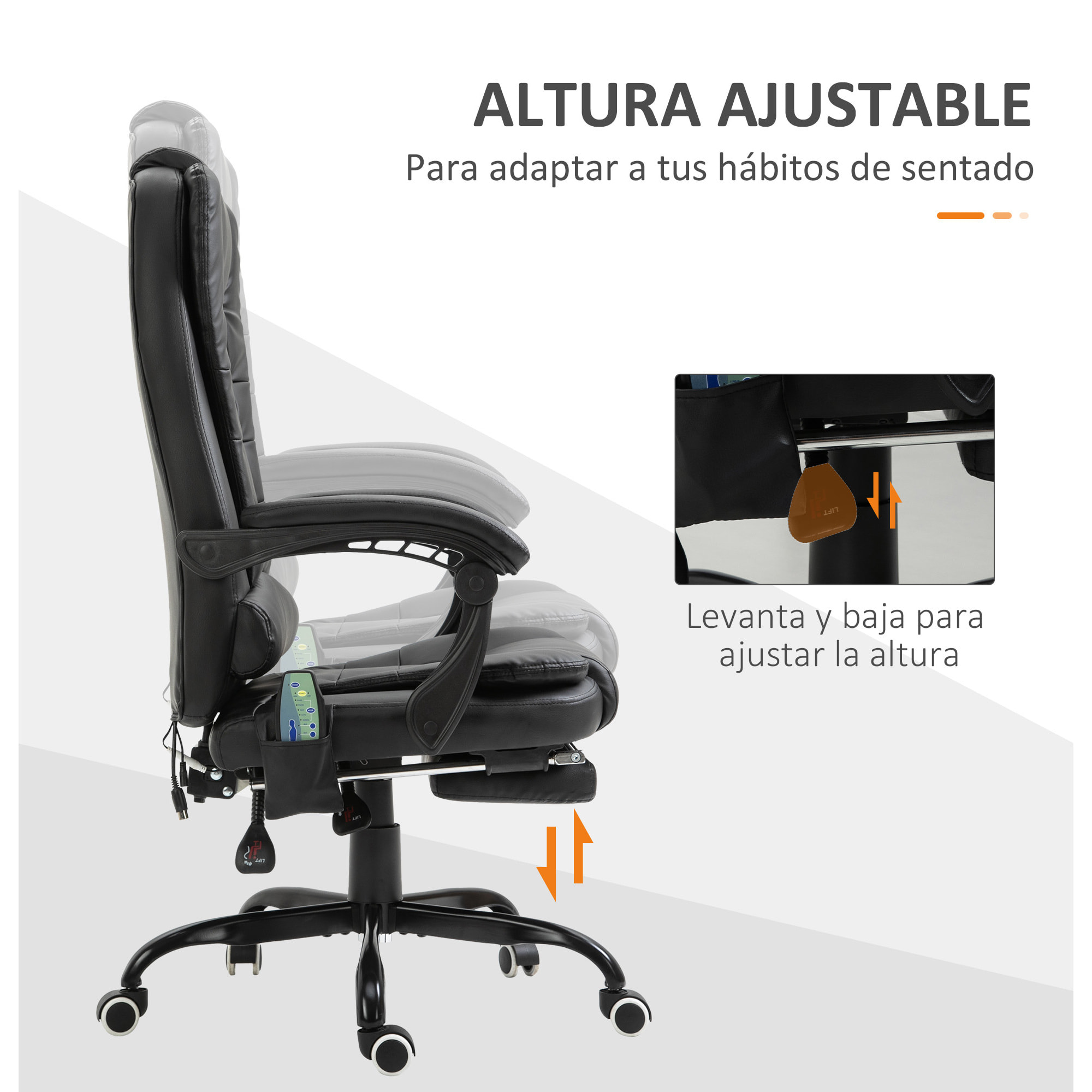 Silla de Oficina con 7 Puntos de Masaje Silla de Masaje Giratoria Silla de Escritorio con Reposapiés Retráctil Altura Ajustable Control Remoto y Tejido de PU Negro