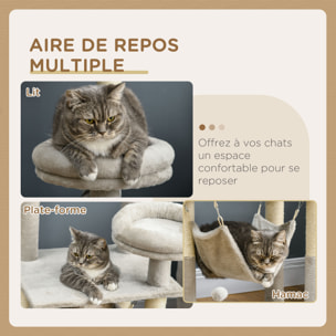 Arbre à chat griffoirs sisal naturel plateforme panier hamac boules suspendues et à ressort peluche gris clair