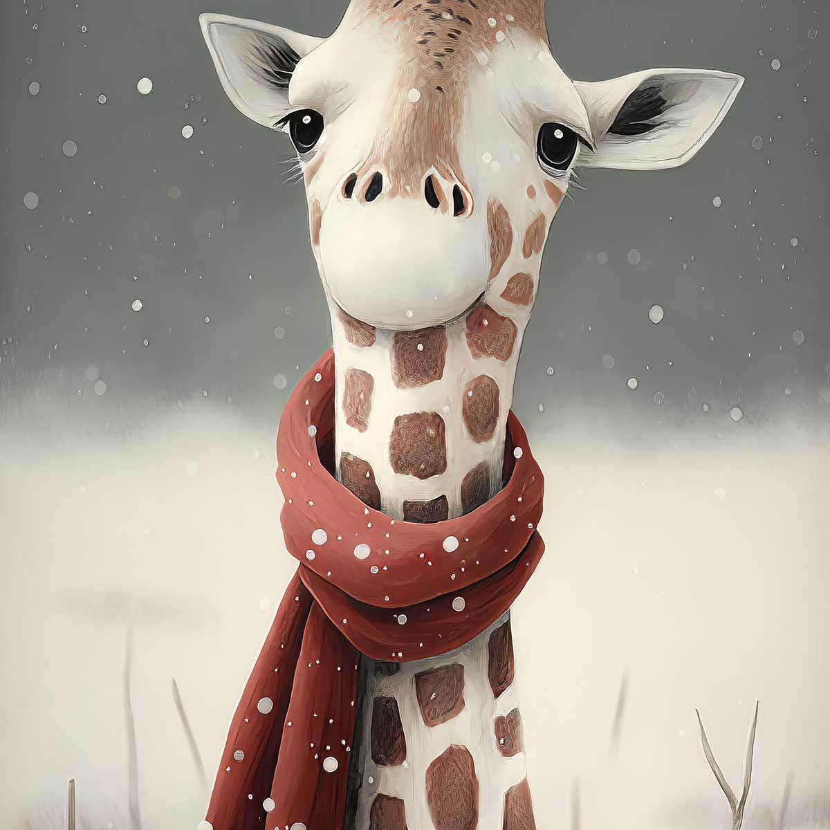 Affiche enfant girafe sous la neige  Affiche + cadre en bois - Chêne