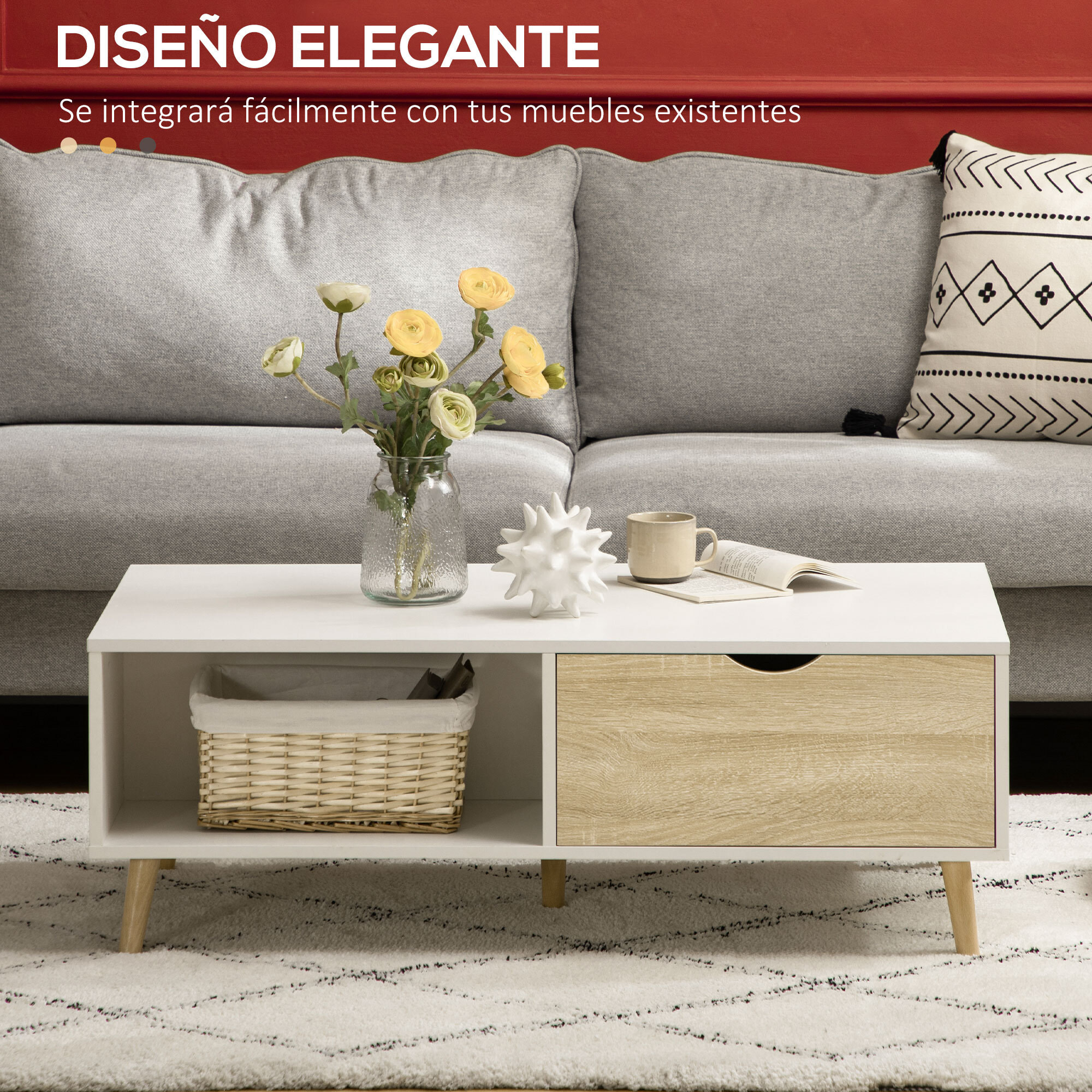 Mesa de Centro Moderna con 2 Cajones Compartimientos Abiertos 106x58x39,5 cm