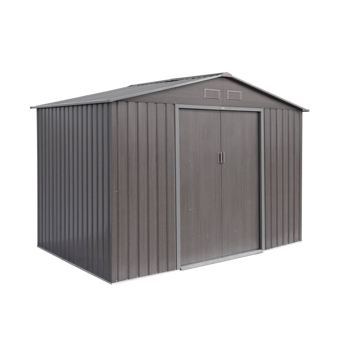 Abri de jardin en métal - FERRAIN 5.29m² bois grisé - Cabane à outils avec deux grandes portes coulissantes. kit de fixation sol inclus. maison de rangement. remise