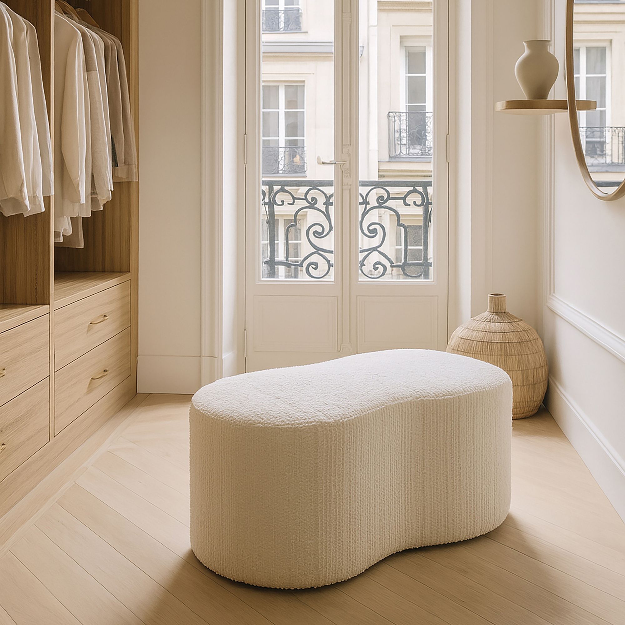 Banc en bouclette blanche et structure en bois  MALO