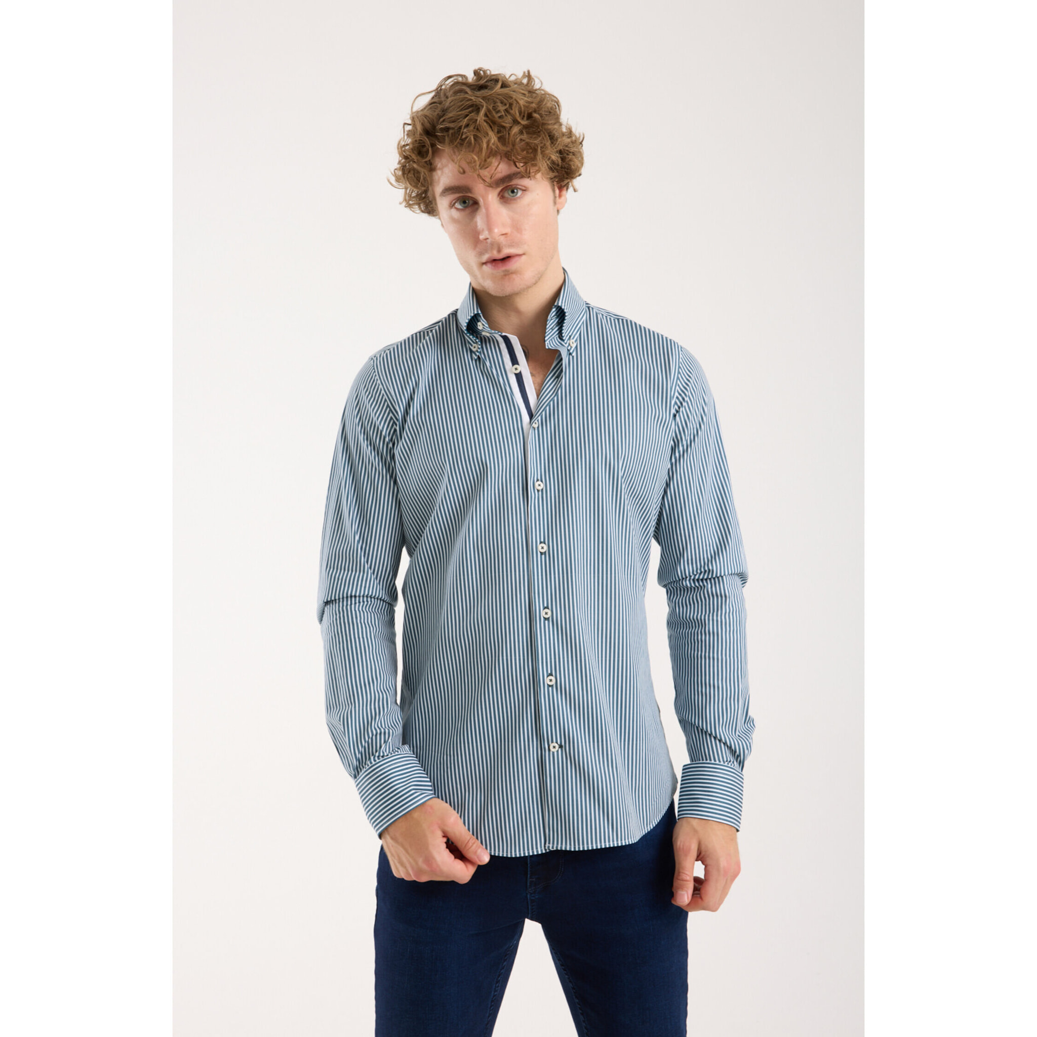 Camicia Uomo 2 Bottoni Button Down Slim Popeline Stretch Riga Media Bianco Verde Ottanio