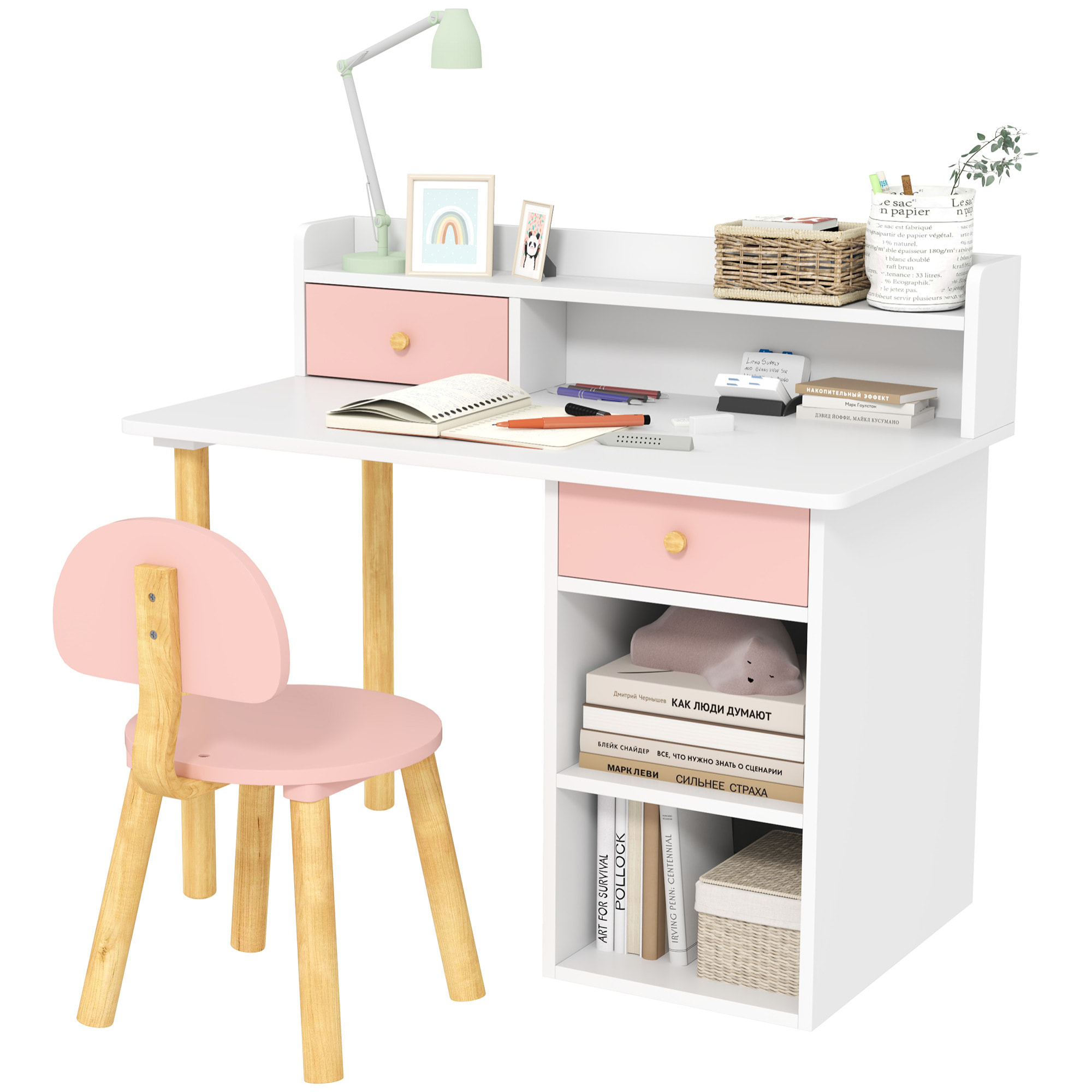 Juego de Escritorio y Silla para Niños de +3 Años Pupitre Infantil con Cajones Compartimento y Estantes para Dormitorio Sala Estudio Rosa y Blanco