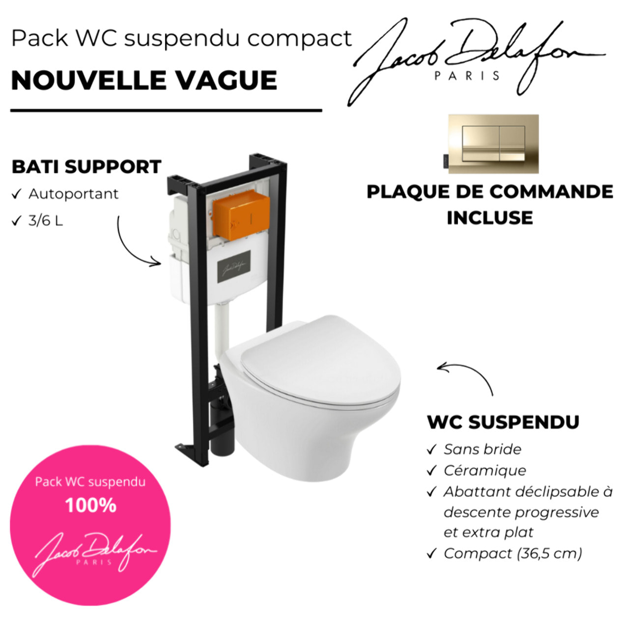 Pack WC suspendu sans bride compact Nouvelle vague+ bâti-support + plaque Or Beige