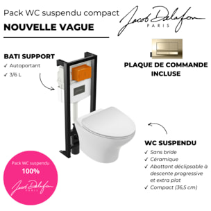 Pack WC suspendu sans bride compact Nouvelle vague+ bâti-support + plaque Or Beige