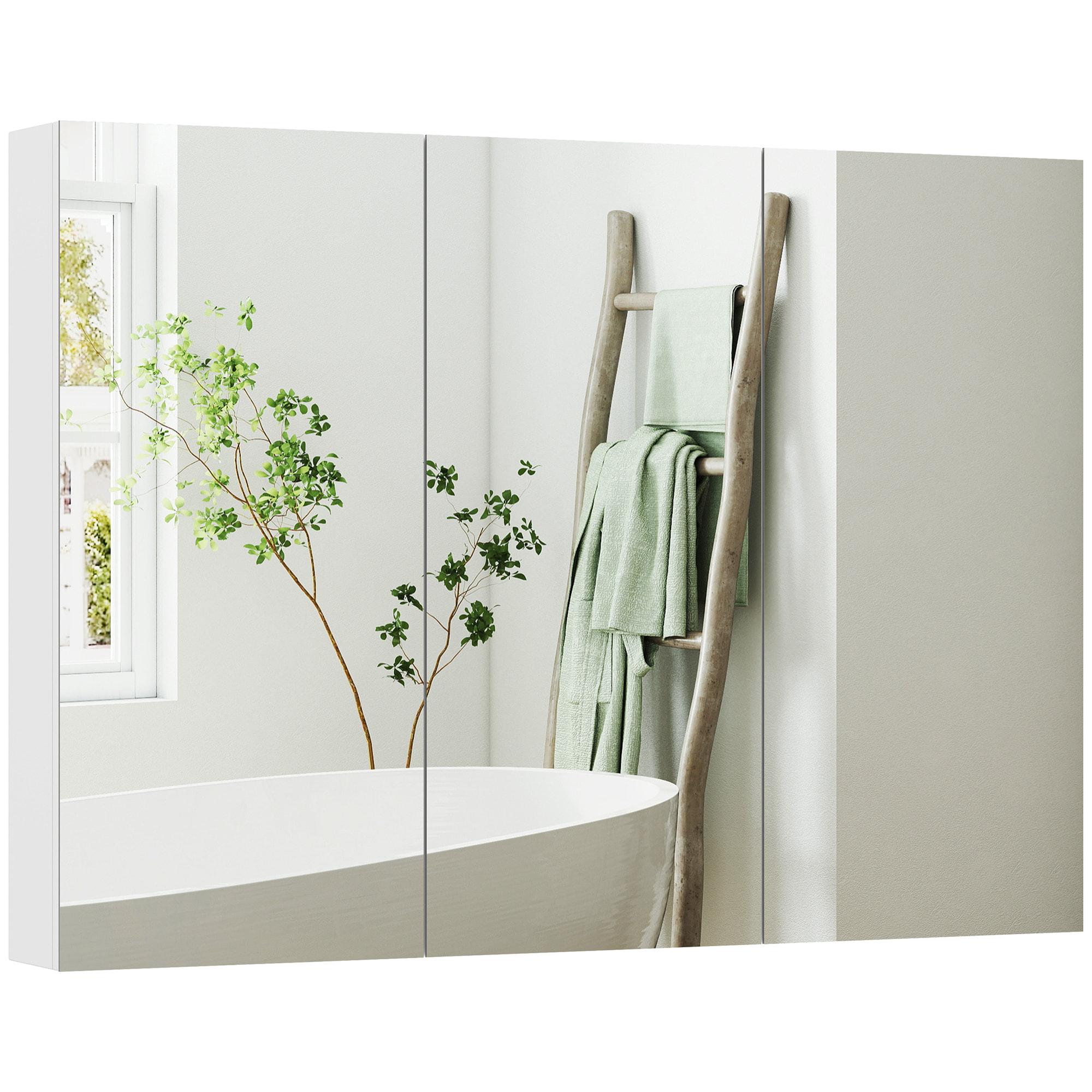 Armoire miroir murale salle de bain design 3 portes 4 étagères  91 x 11 x 65 cm blanc