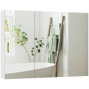 Armoire miroir murale salle de bain design 3 portes 4 étagères  91 x 11 x 65 cm blanc